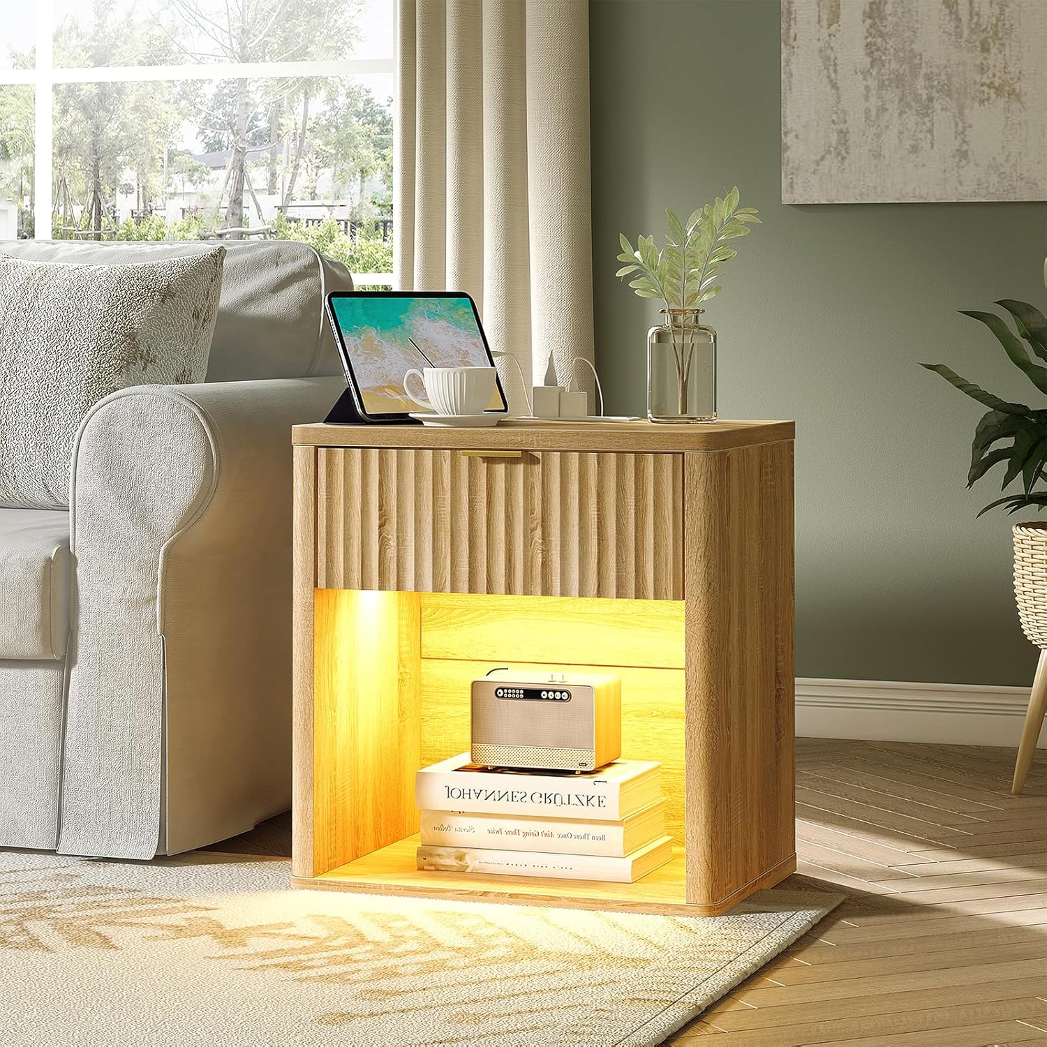 Fluted LED Nightstand with Charging Station, Drawer Side Tables, Oak