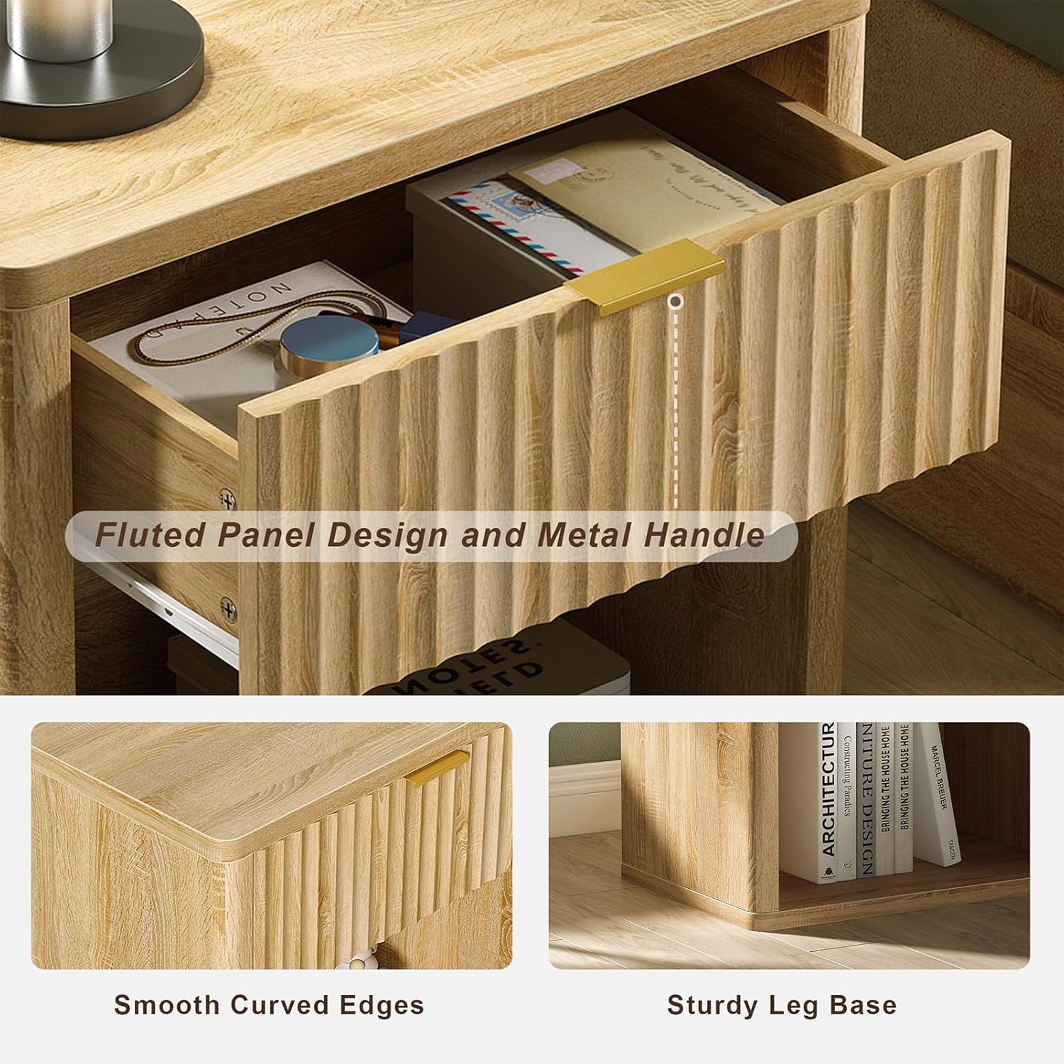 Fluted LED Nightstand with Charging Station, Drawer Side Tables, Oak