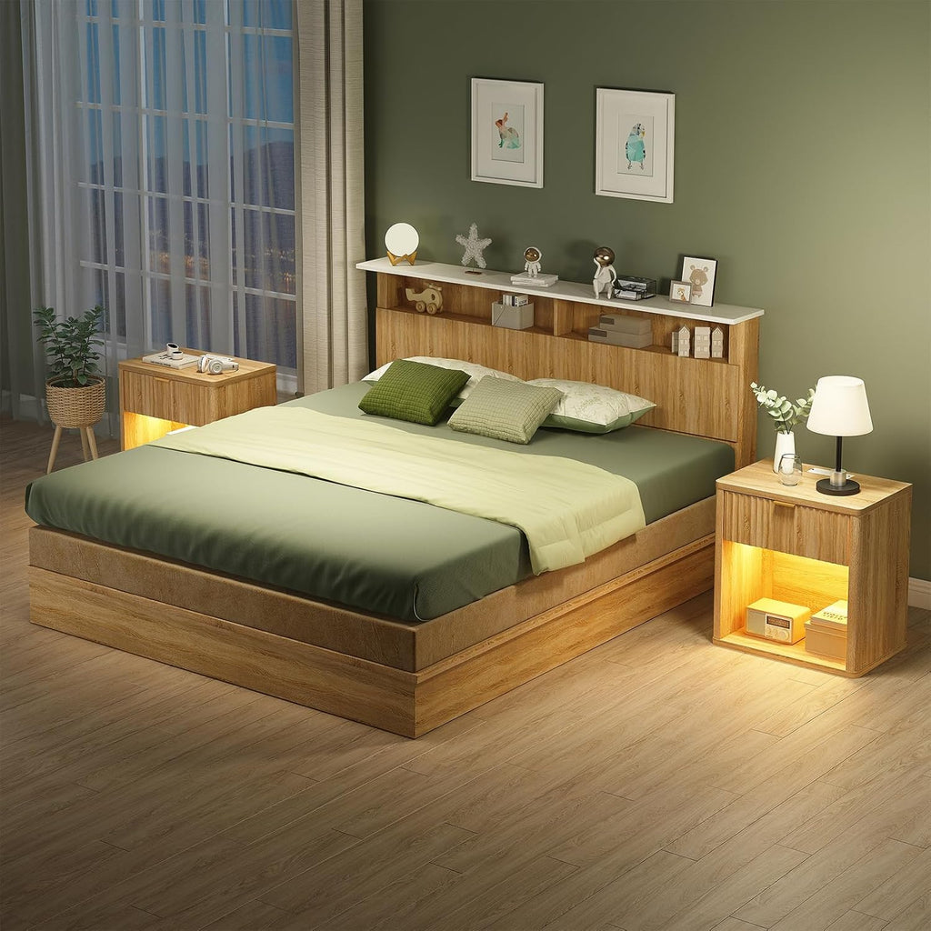 Fluted LED Nightstand with Charging Station, Drawer Side Tables, Oak