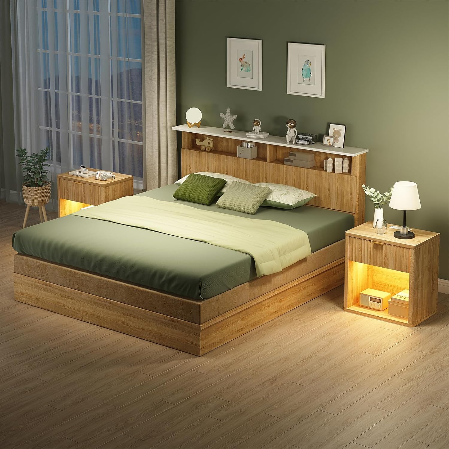 Fluted LED Nightstand with Charging Station, Drawer Side Tables, Oak