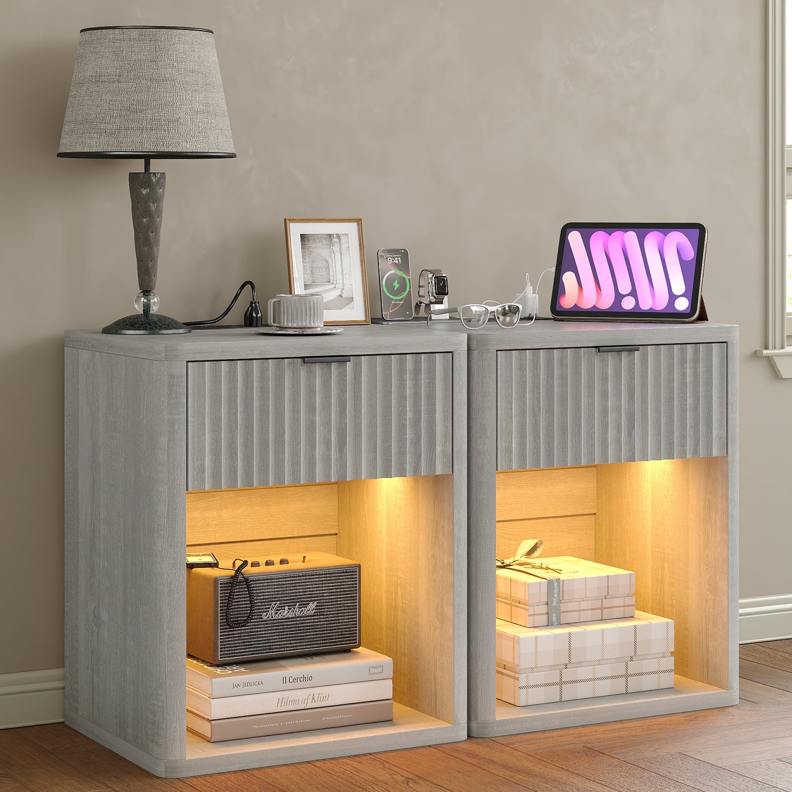 Fluted LED Nightstand with Charging Station, Drawer Side Tables, Oak