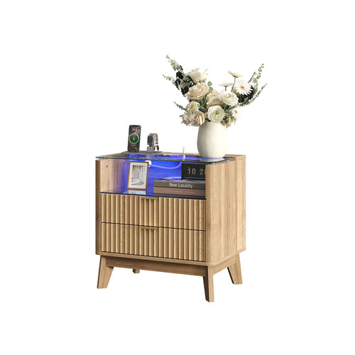 23" Fluted LED Nightstand with Charging Station, Drawers, Oak