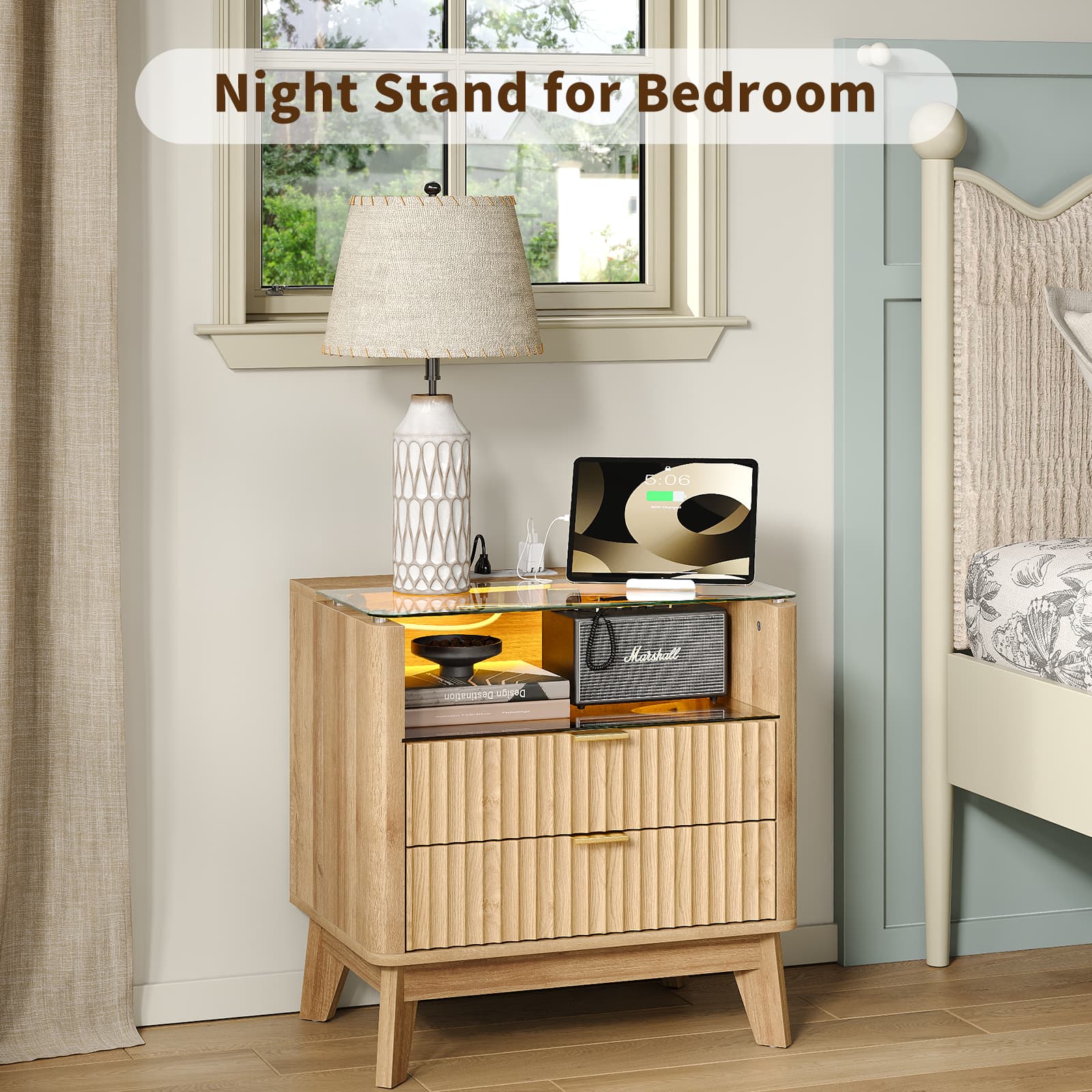 23" Fluted LED Nightstand with Charging Station, Drawers, Oak