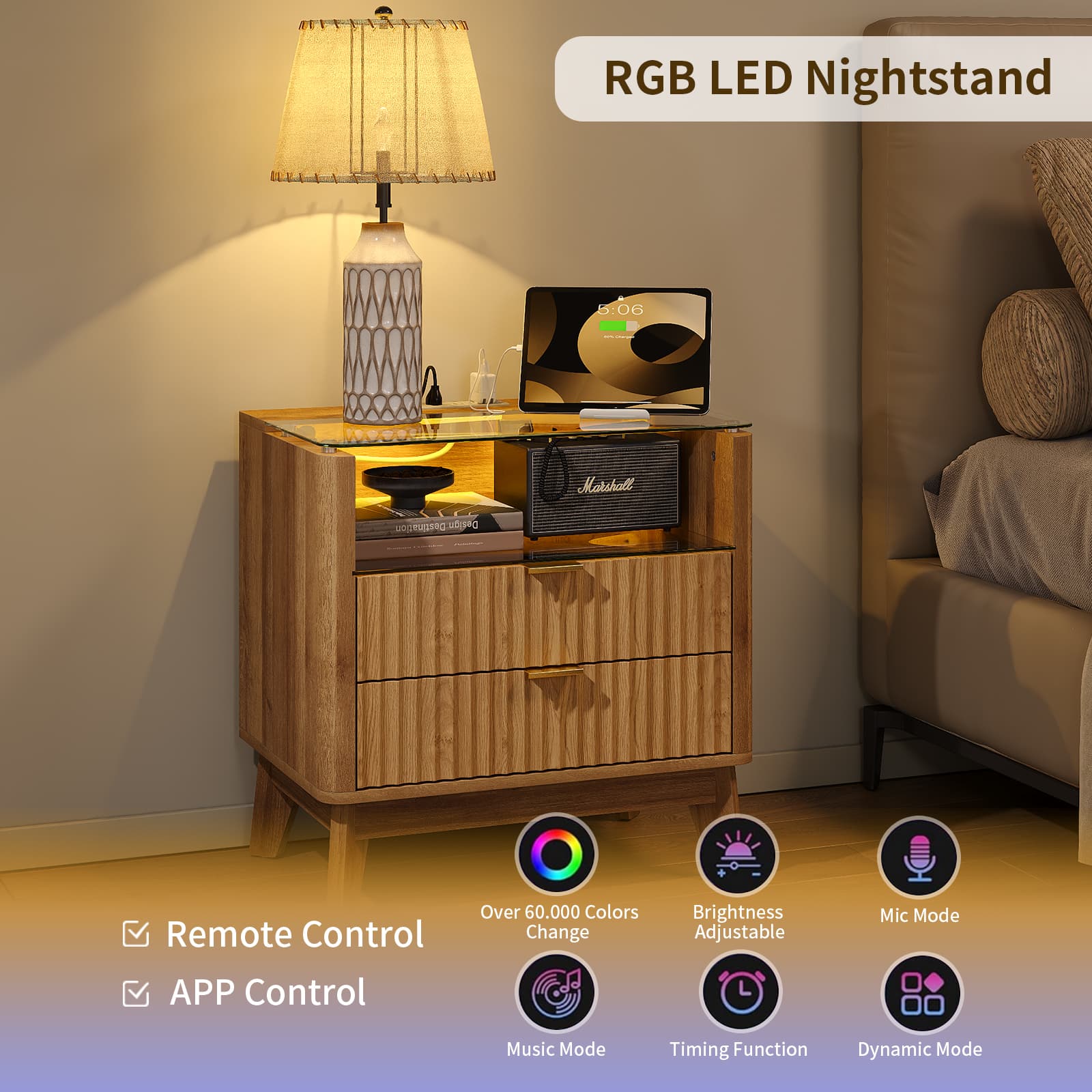 23" Fluted LED Nightstand with Charging Station, Drawers, Oak