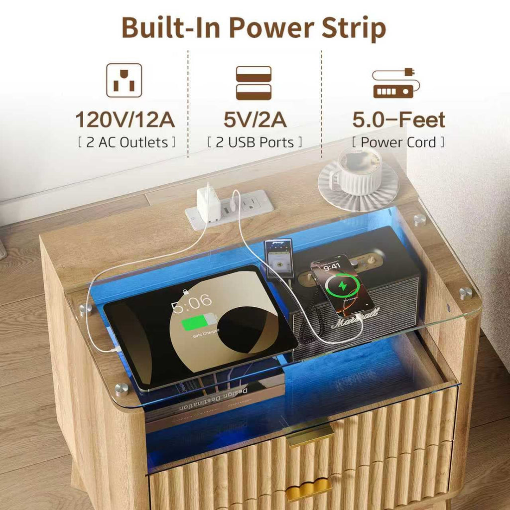 23" Fluted LED Nightstand with Charging Station, Drawers, Oak
