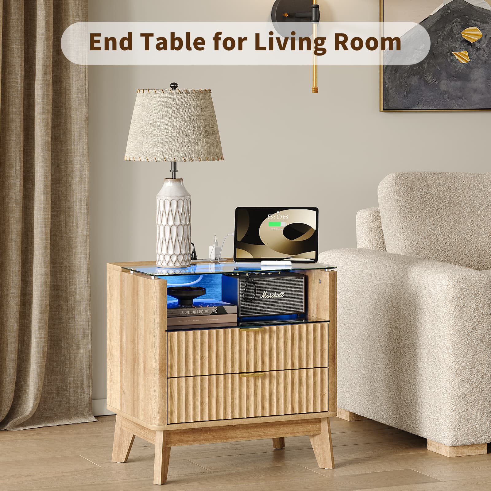 23" Fluted LED Nightstand with Charging Station, Drawers, Oak