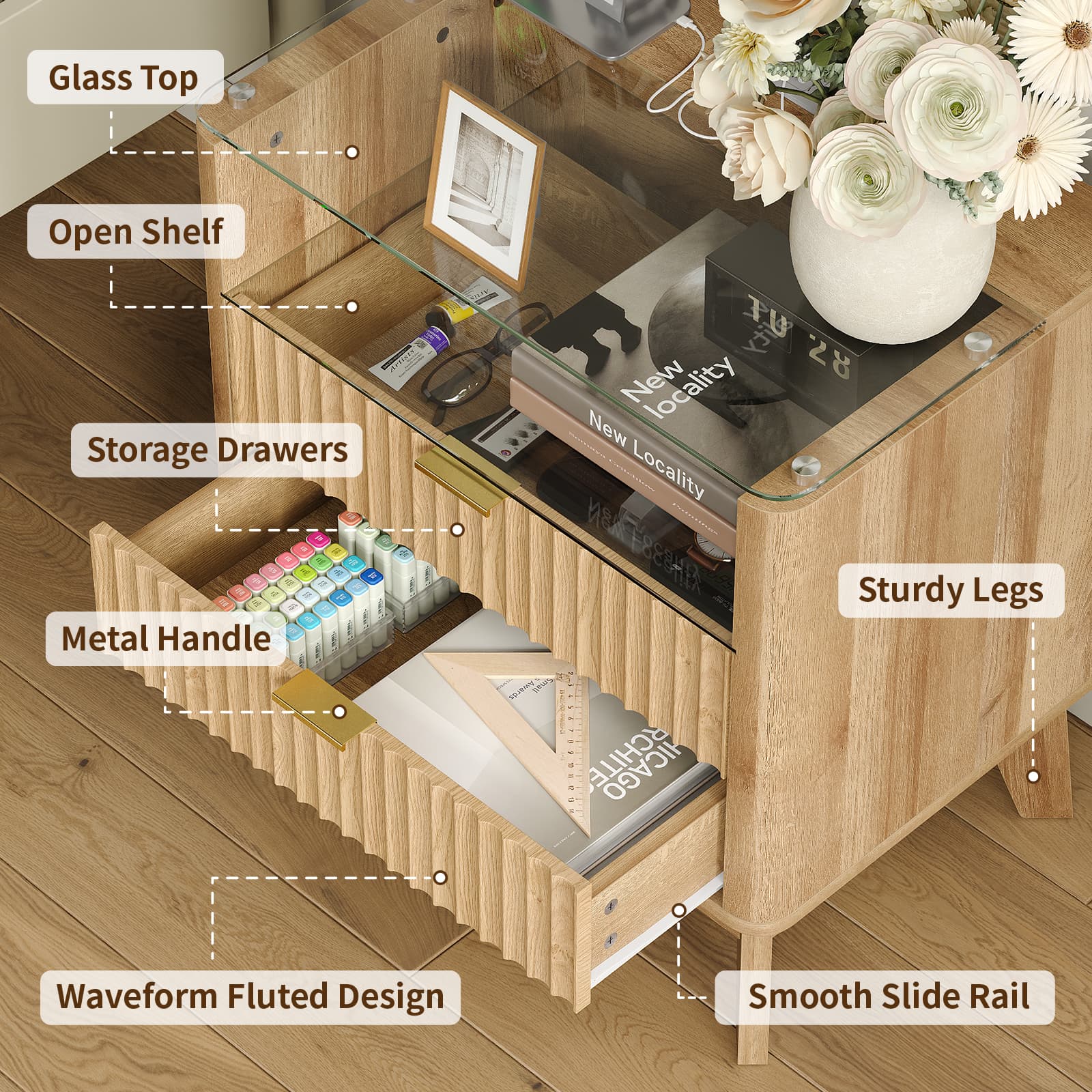 23" Fluted LED Nightstand with Charging Station, Drawers, Oak