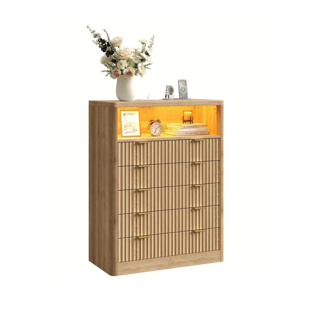 Fluted LED Nightstand with Charging Station, 5-Drawer, Oak