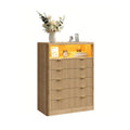 Fluted LED Nightstand with Charging Station, 5-Drawer, Oak