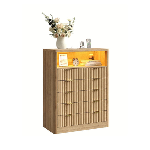 Fluted LED Nightstand with Charging Station, 5-Drawer, Oak