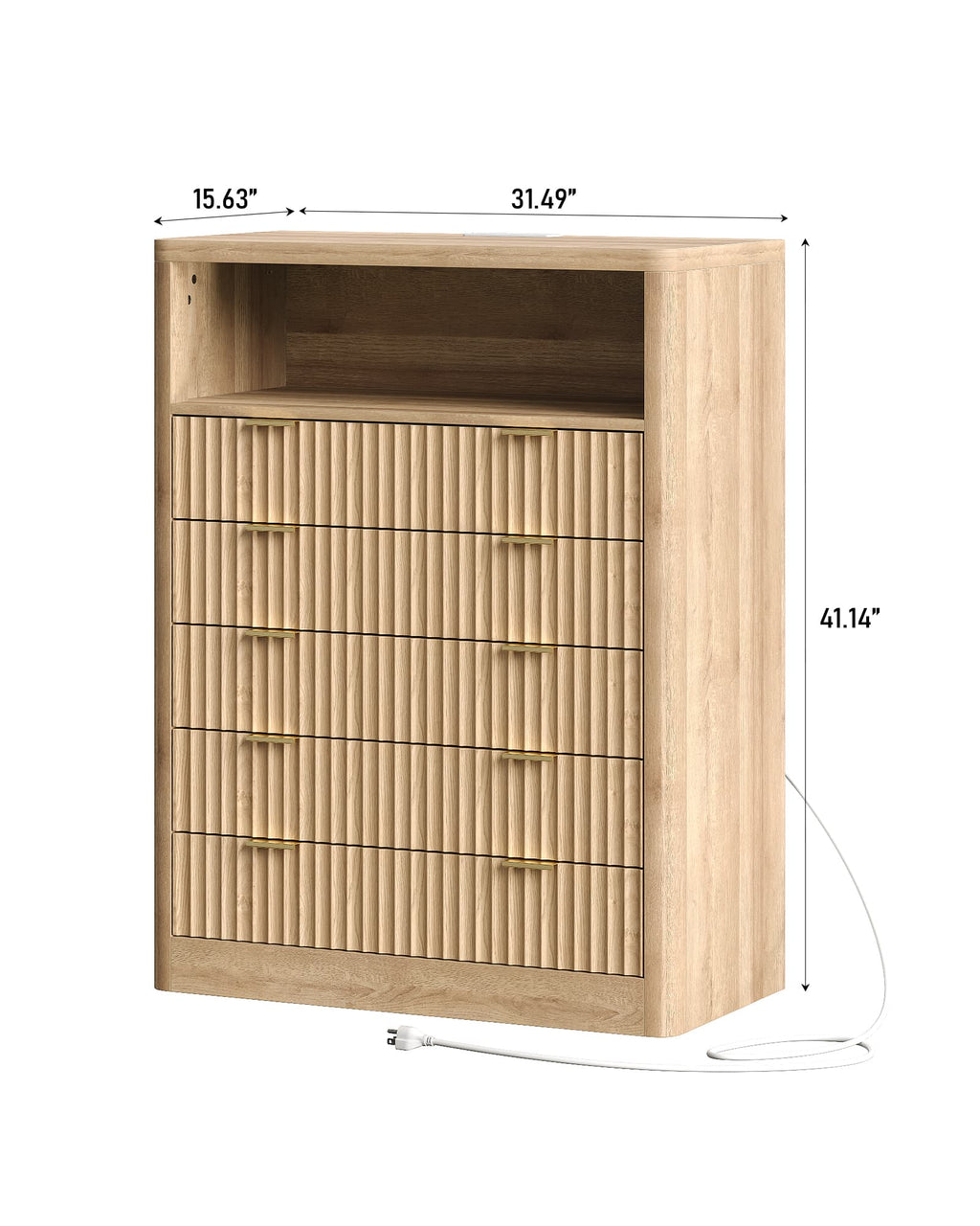 Fluted LED Nightstand with Charging Station, 5-Drawer, Oak