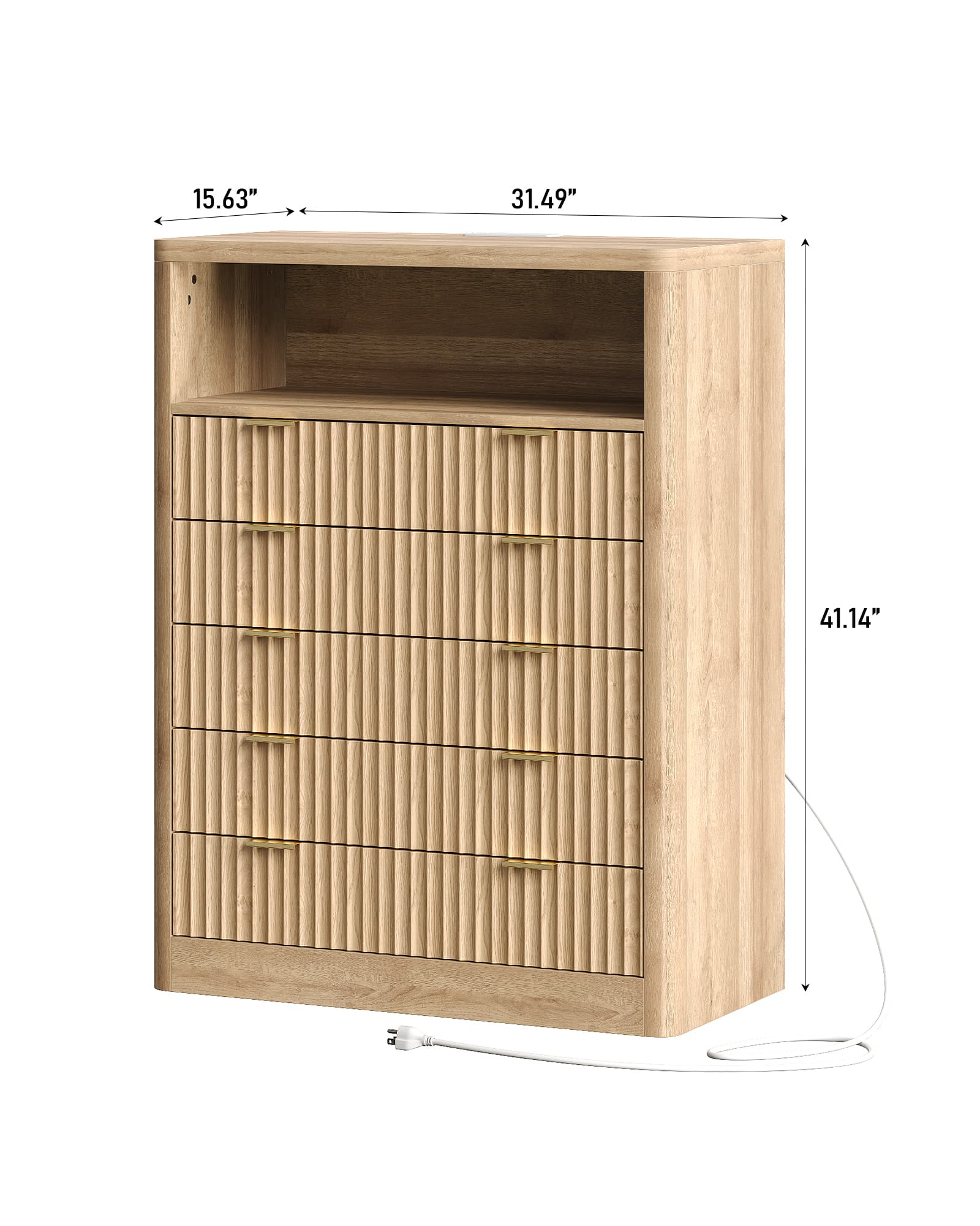 Fluted LED Nightstand with Charging Station, 5-Drawer, Oak