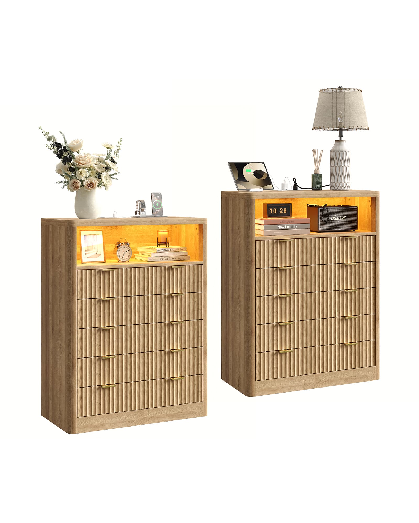 Fluted LED Nightstand with Charging Station, 5-Drawer, Oak