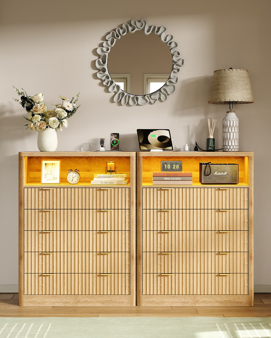 Fluted LED Nightstand with Charging Station, 5-Drawer, Oak