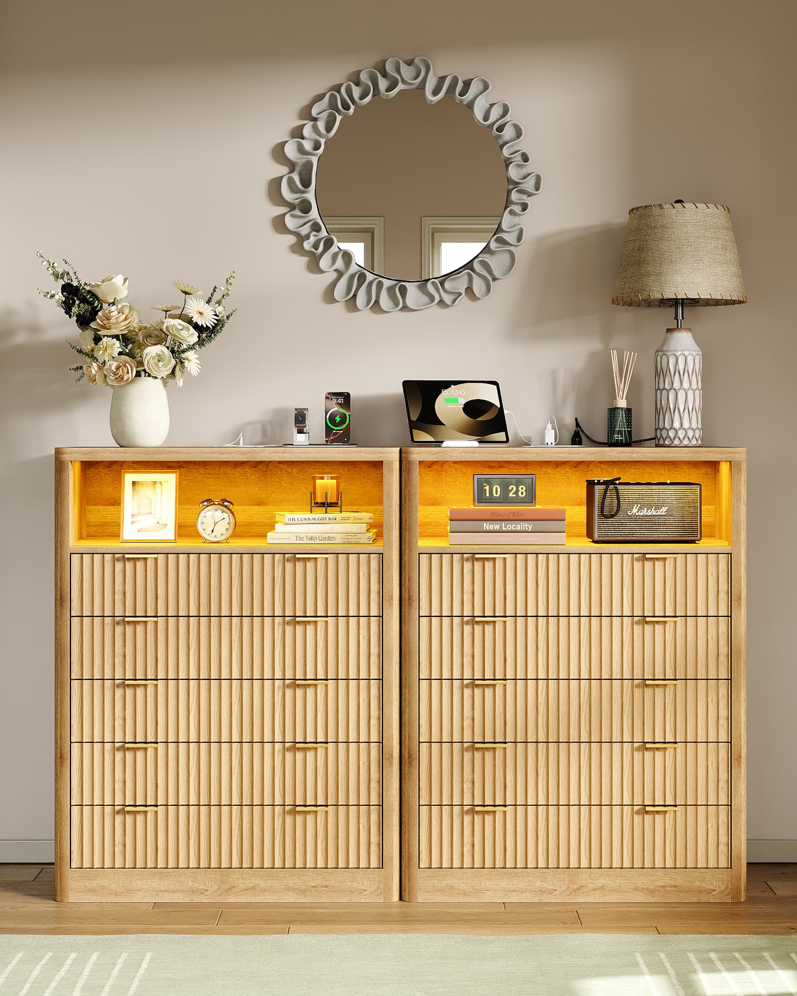 Fluted LED Nightstand with Charging Station, 5-Drawer, Oak