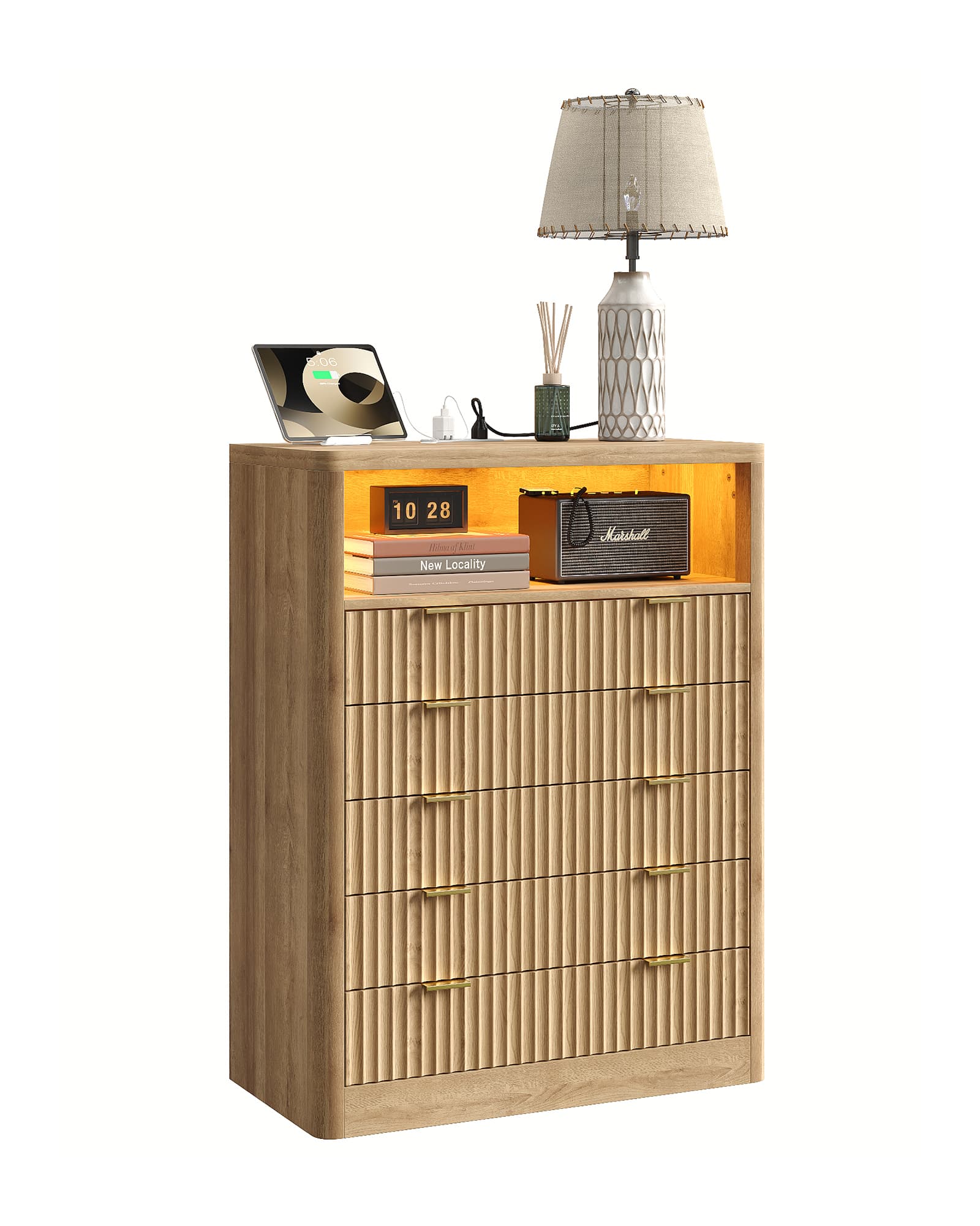 Fluted LED Nightstand with Charging Station, 5-Drawer, Oak