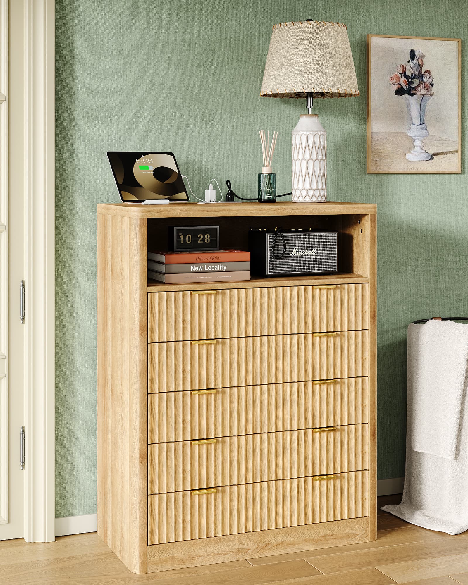 Fluted LED Nightstand with Charging Station, 5-Drawer, Oak