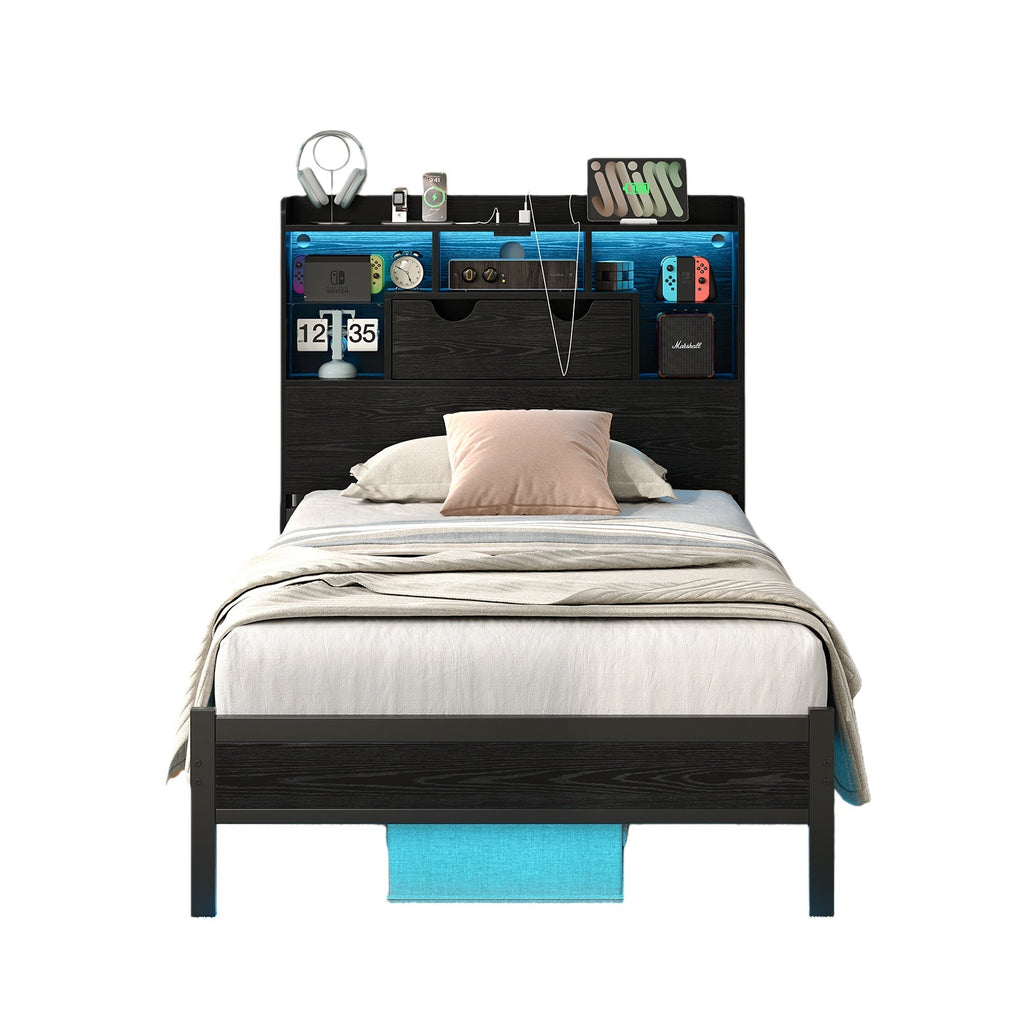 Twin LED Bed Frame with LED, USB Charging, No Box Spring Needed