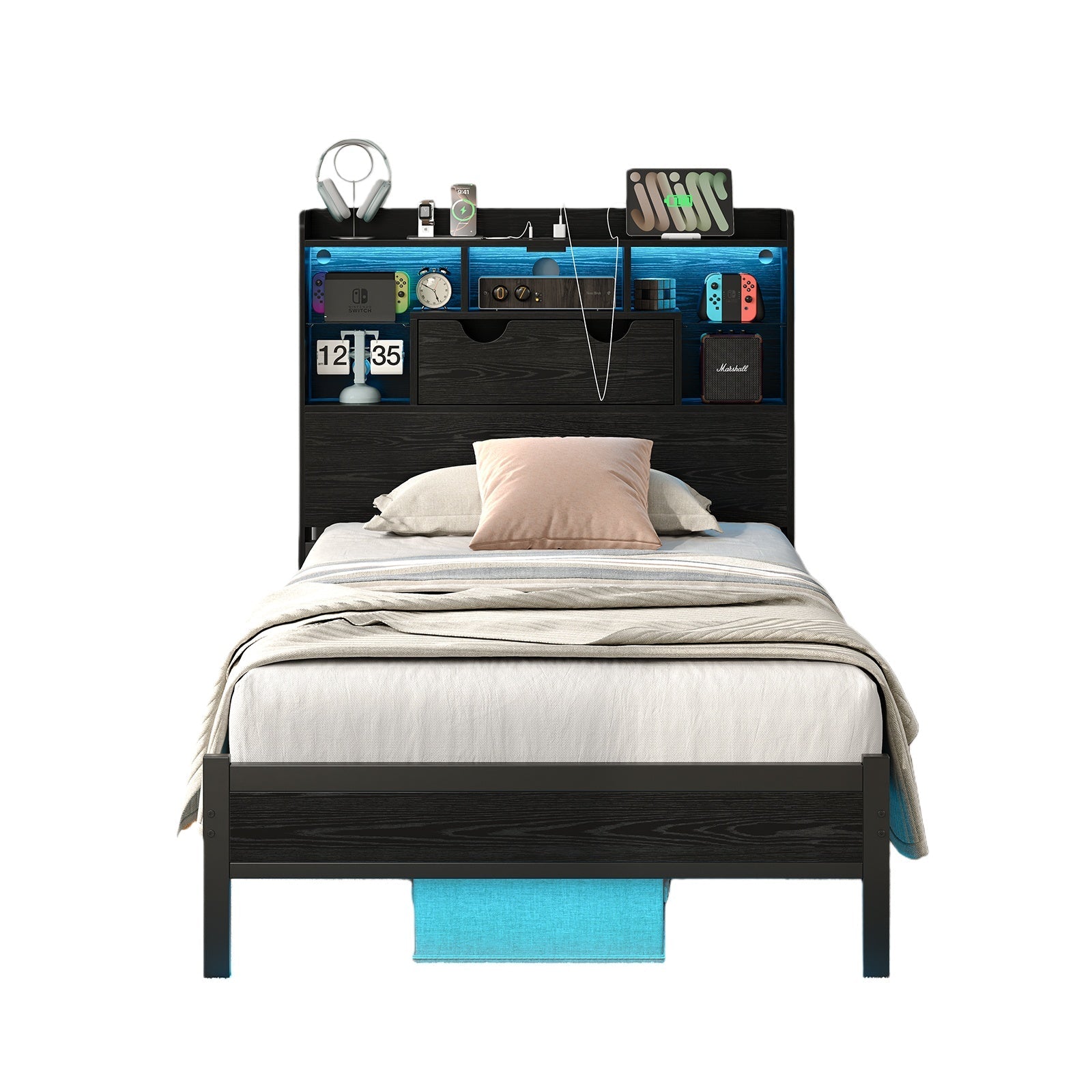 Twin LED Bed Frame with LED, USB Charging, No Box Spring Needed