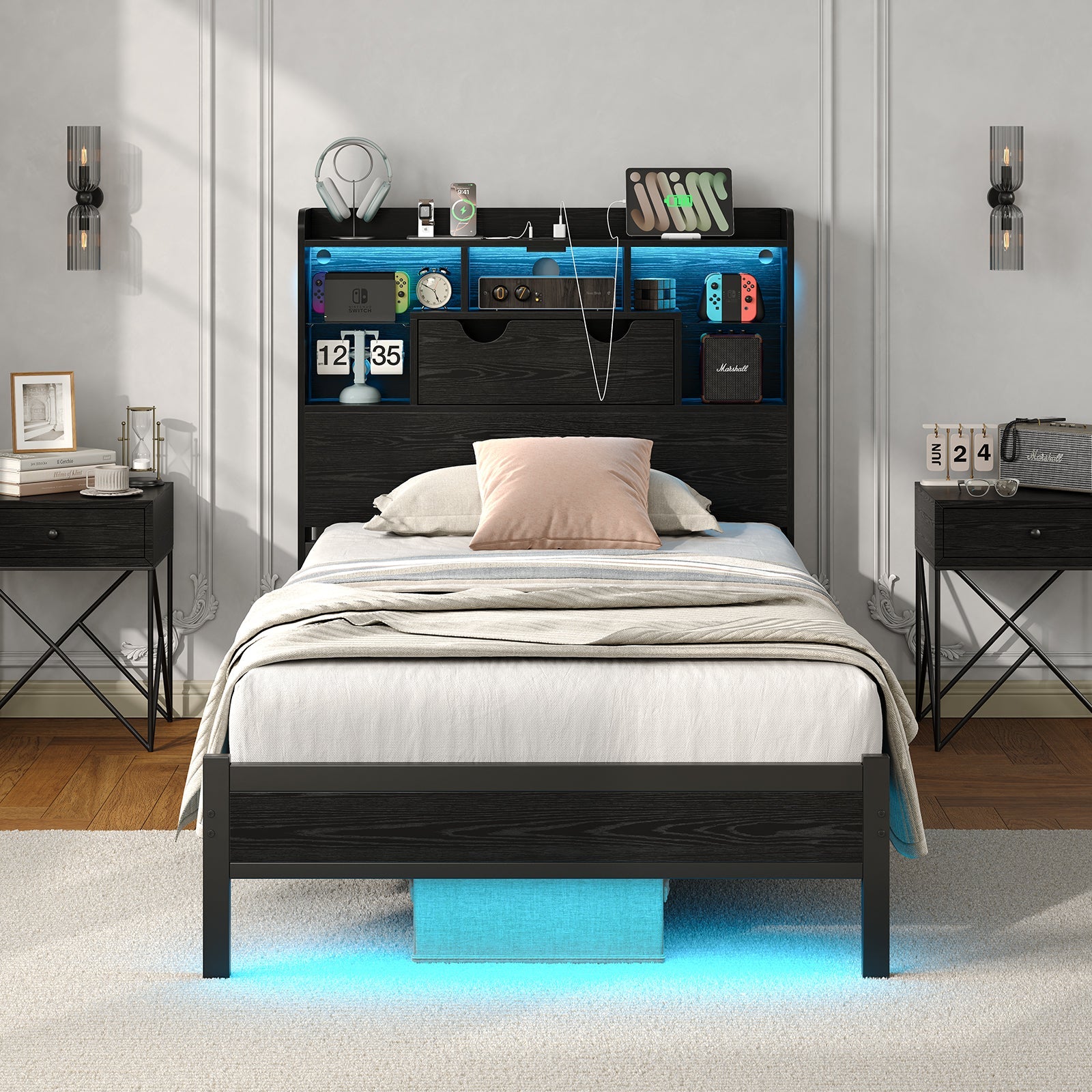 Twin LED Bed Frame with LED, USB Charging, No Box Spring Needed