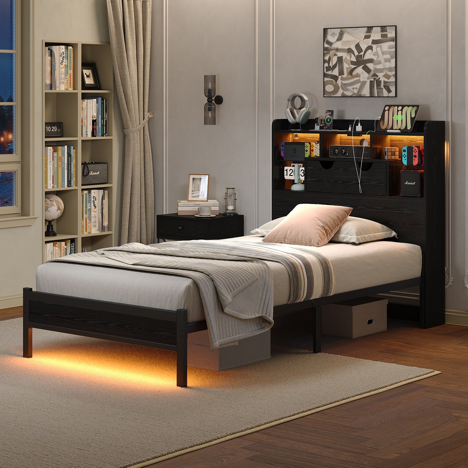 Twin LED Bed Frame with LED, USB Charging, No Box Spring Needed