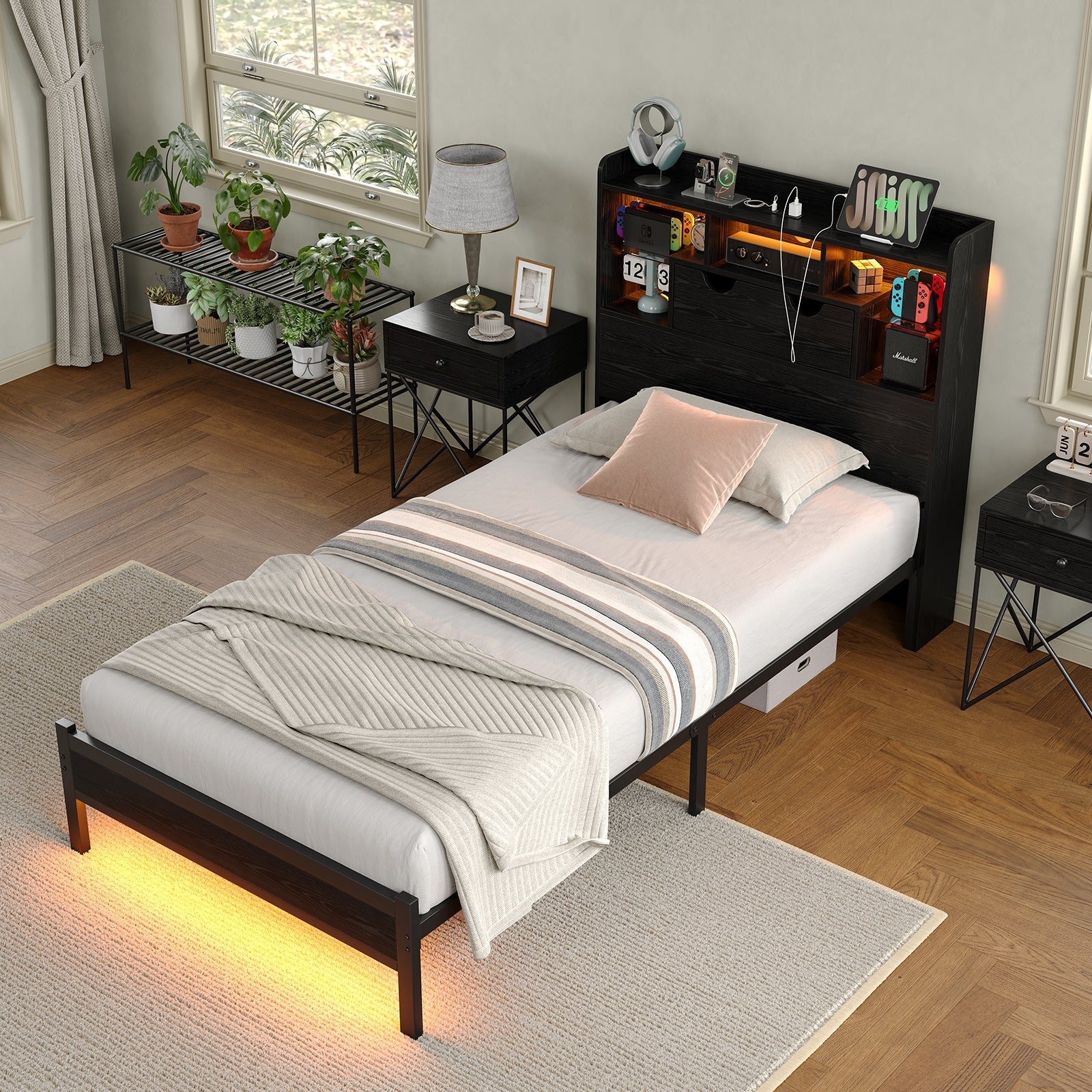 Twin LED Bed Frame with LED, USB Charging, No Box Spring Needed