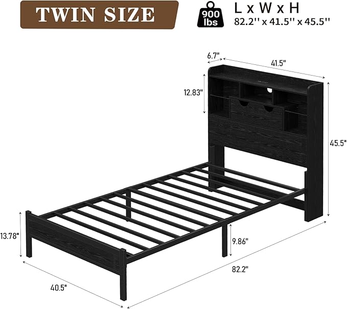 Vektaya US - BF007 - BL - T Twin LED Bed Frame with Charging, Storage, No Box Spring Needed - VektayaFurnitureUS-BF007-BL-T