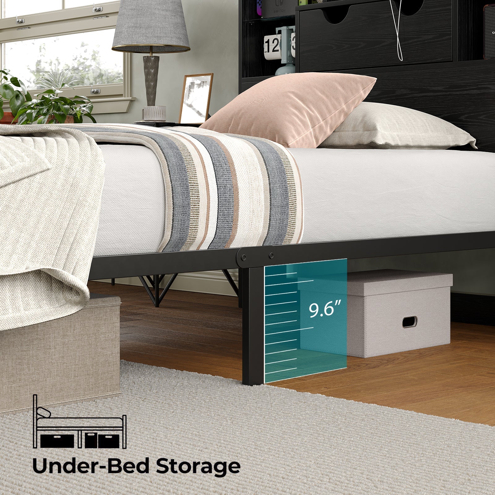 Vektaya US - BF007 - BL - T Twin LED Bed Frame with Charging, Storage, No Box Spring Needed - VektayaFurnitureUS-BF007-BL-T