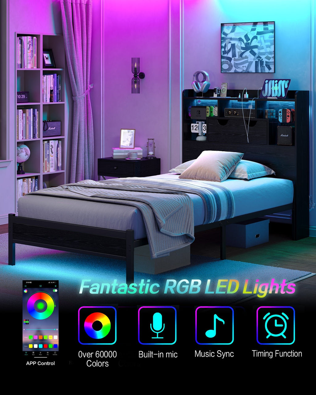 Vektaya US - BF007 - BL - T Twin LED Bed Frame with Charging, Storage, No Box Spring Needed - VektayaFurnitureUS-BF007-BL-T