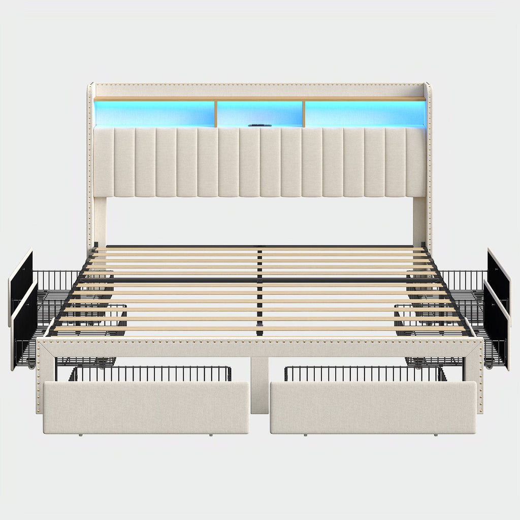 Vektaya US - BF009 - WH Queen/King Bed Frame 6 Drawers,Headboard,Lights,Charging,White. - VektayaFurnitureUS-BF009-WH-K-1