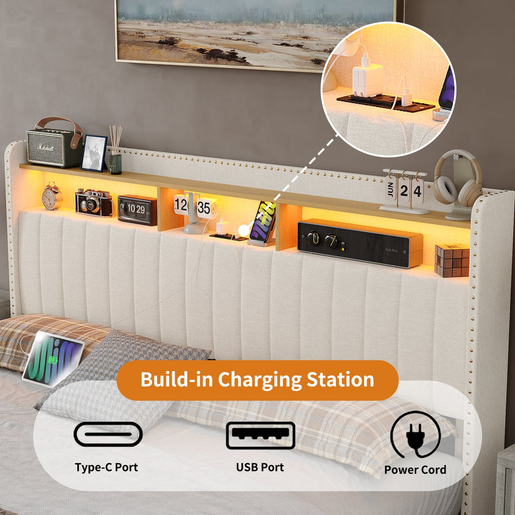 Vektaya US - BF009 - WH Queen/King Bed Frame 6 Drawers,Headboard,Lights,Charging,White. - VektayaFurnitureUS-BF009-WH-K-1