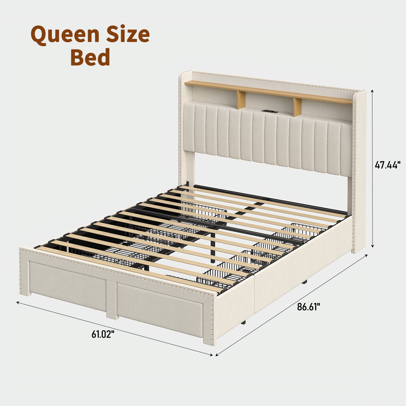 Vektaya US - BF009 - WH Queen/King Bed Frame 6 Drawers,Headboard,Lights,Charging,White. - VektayaFurnitureUS-BF009-WH-K-1