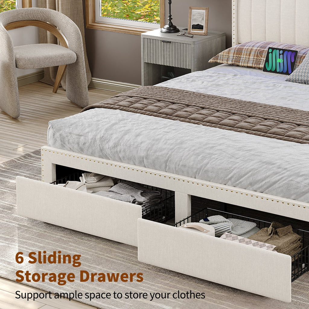 Vektaya US - BF009 - WH Queen/King Bed Frame 6 Drawers,Headboard,Lights,Charging,White. - VektayaFurnitureUS-BF009-WH-K-1