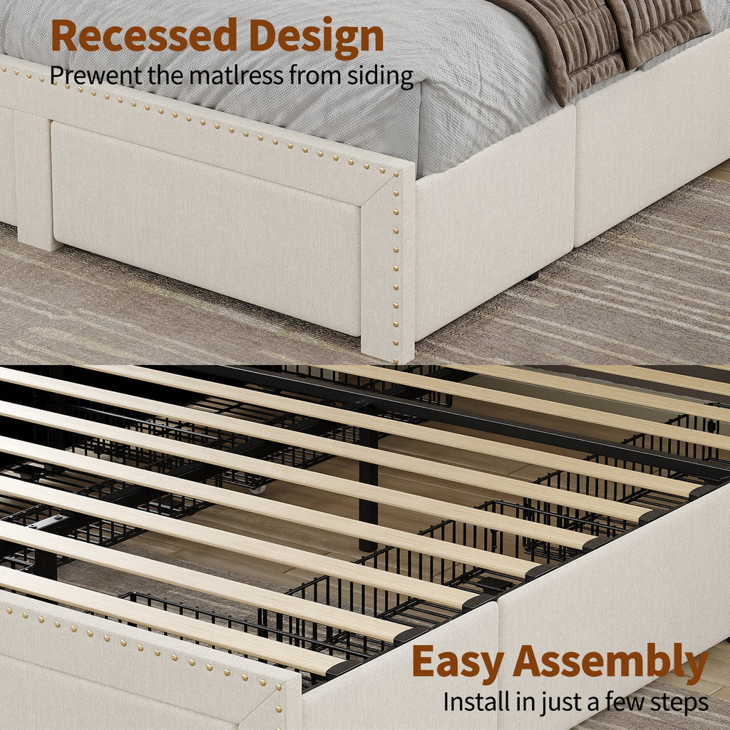 Vektaya US - BF009 - WH Queen/King Bed Frame 6 Drawers,Headboard,Lights,Charging,White. - VektayaFurnitureUS-BF009-WH-K-1