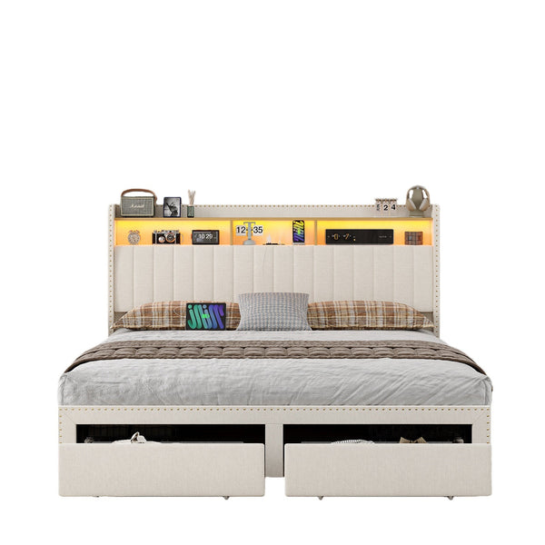 Vektaya US-BF009-WH Queen/King Bed Frame 6 Drawers,Headboard,Lights,Charging,White.