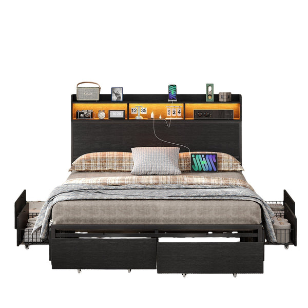 Vektaya US-BF010-BK Full/Queen Bed Frame with 6 Drawers,Headboard,Lights,Charging,No Box Spring Needed,Black