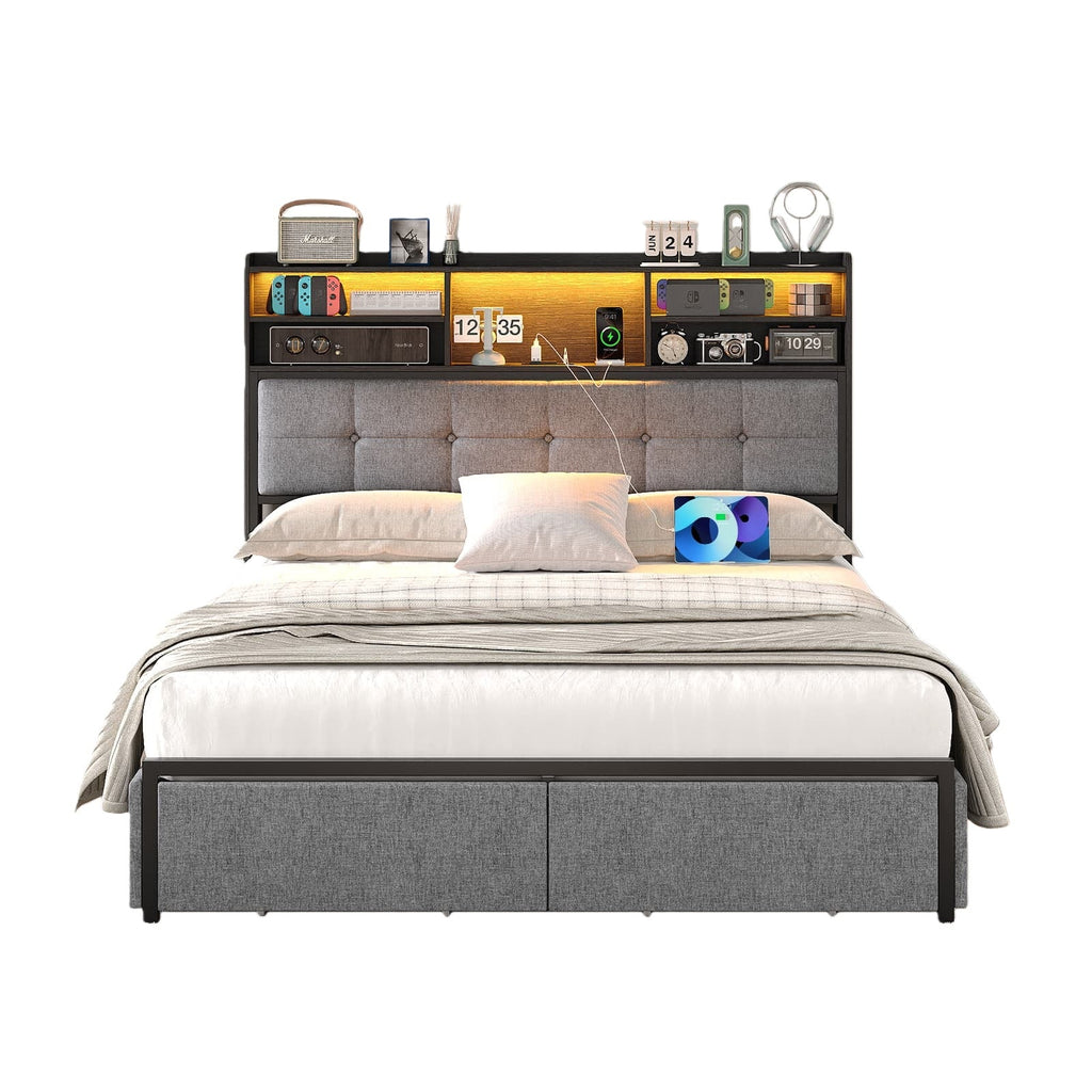 VektayaUS - BF011 - BL Full/Queen/King Bed Frame with 6 Drawers, Easy Assembly, USB Charging, LED Headboard, No Box Spring Needed - VektayaFurnitureUS-BF011-BL-F