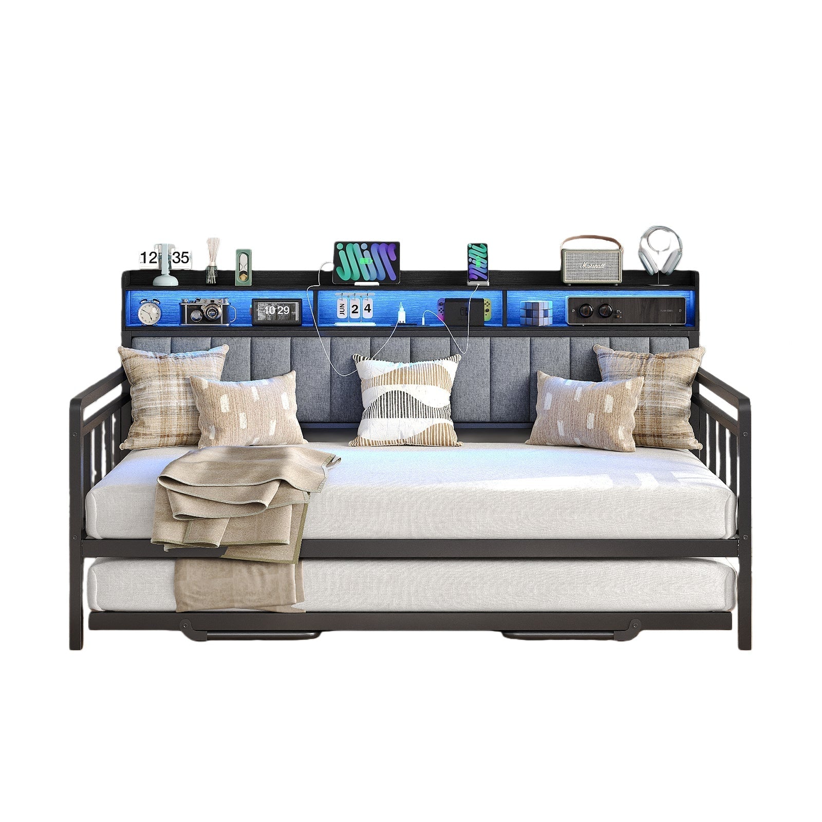 Vektaya US - BF014 Bed Frame with RGB lights, Charging Station,Storage Headboard.,No Box Spring Needed.Black - VektayaFurnitureUS-BF014