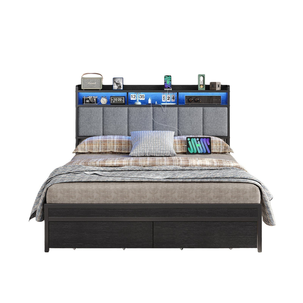Vektaya US - BF016 - BL Full/Queen Bed Frame with RGB LED Headboard, Charging Station, 2 Drawers, 2 USB & 2 AC Outlets, Easy Assembly, No Box Spring, Black - VektayaFurnitureUS-BF016-BL-1