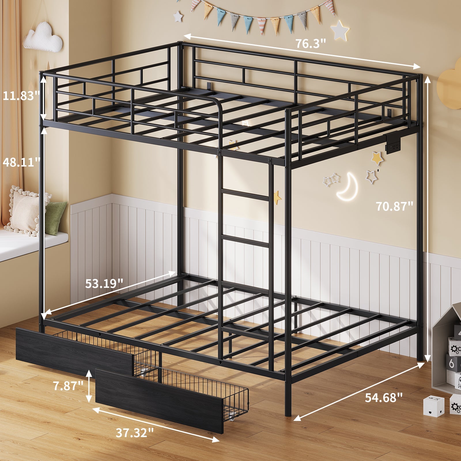 Twin Metal Bunk Bed with LED, USB Charging, Storage Drawers, No Box Spring Needed Black