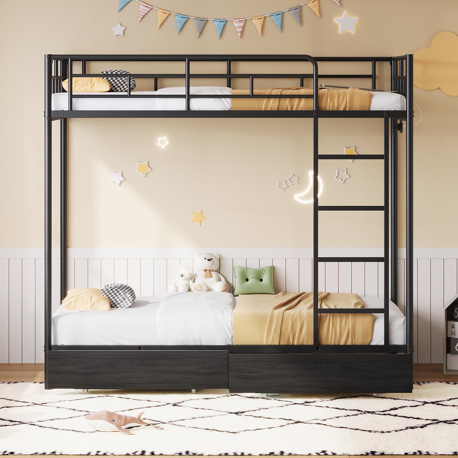 Twin Metal Bunk Bed with LED, USB Charging, Storage Drawers, No Box Spring Needed Black