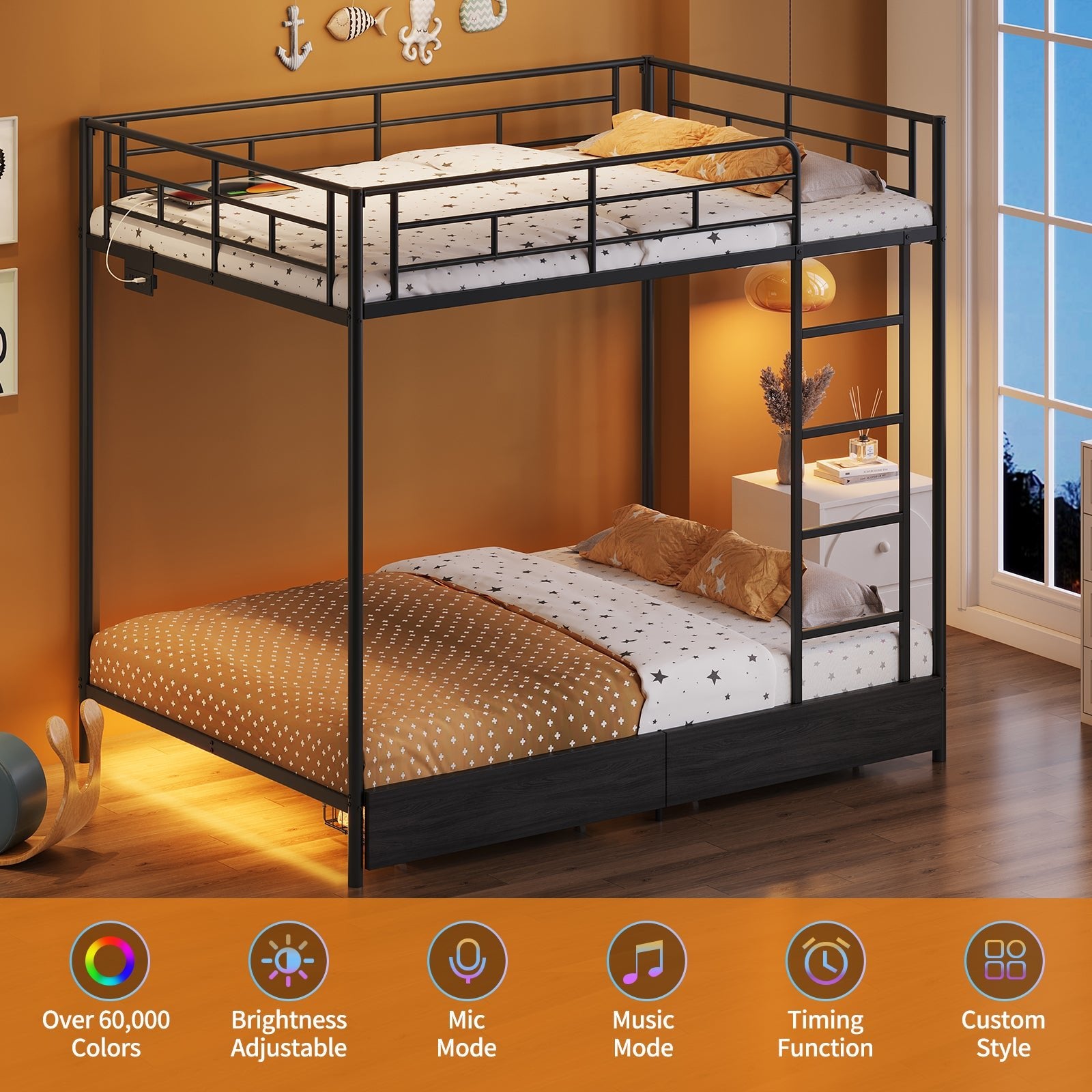 Twin Metal Bunk Bed with LED, USB Charging, Storage Drawers, No Box Spring Needed Black