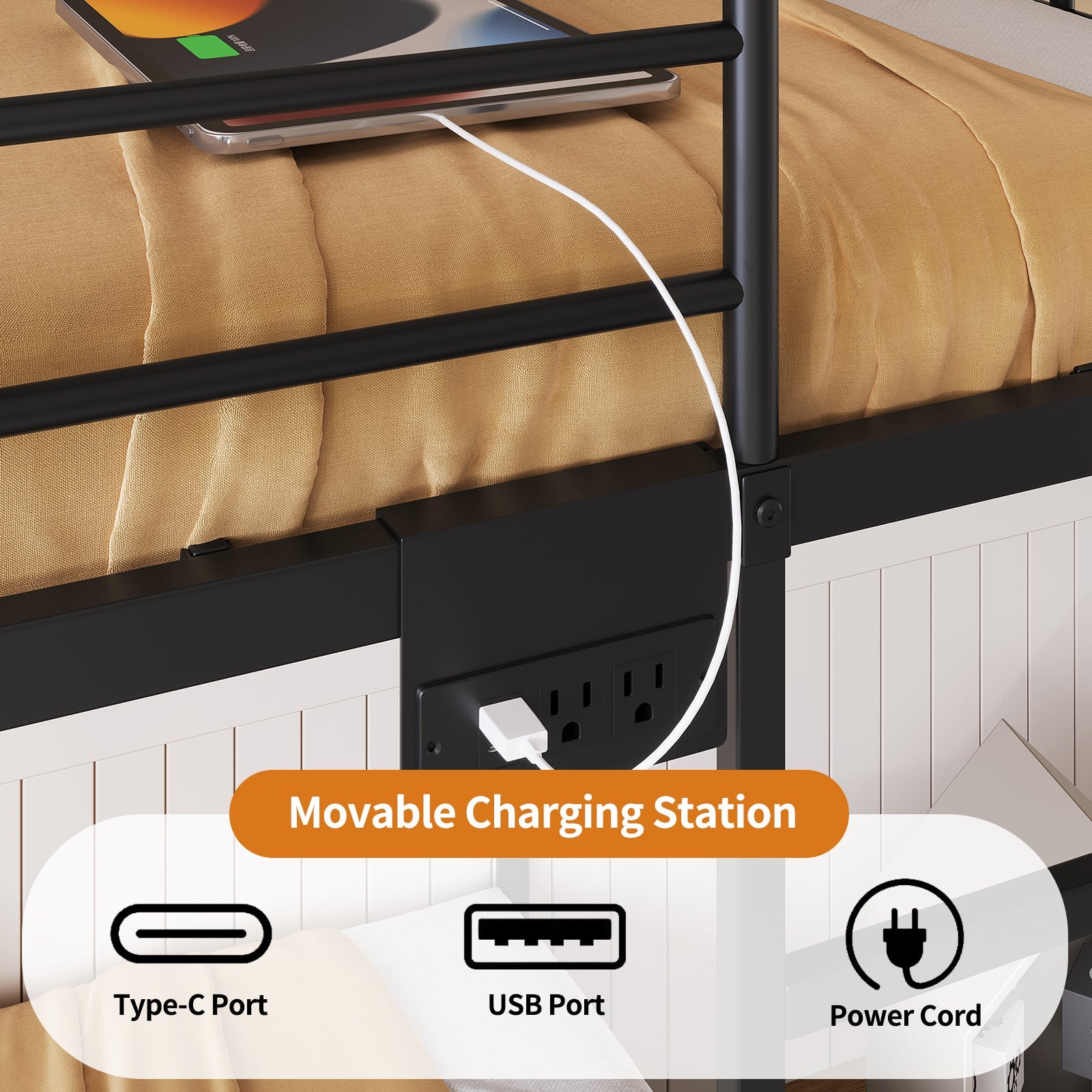 Twin Metal Bunk Bed with LED, USB Charging, Storage Drawers, No Box Spring Needed Black
