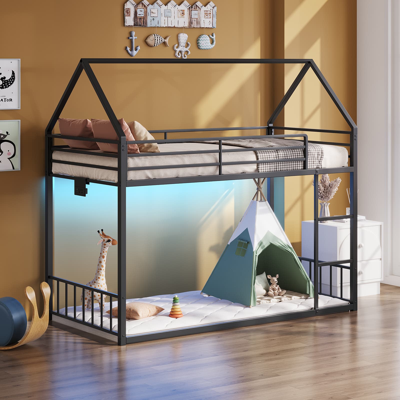 Twin Metal Bunk Bed with RGB LED, USB Charging