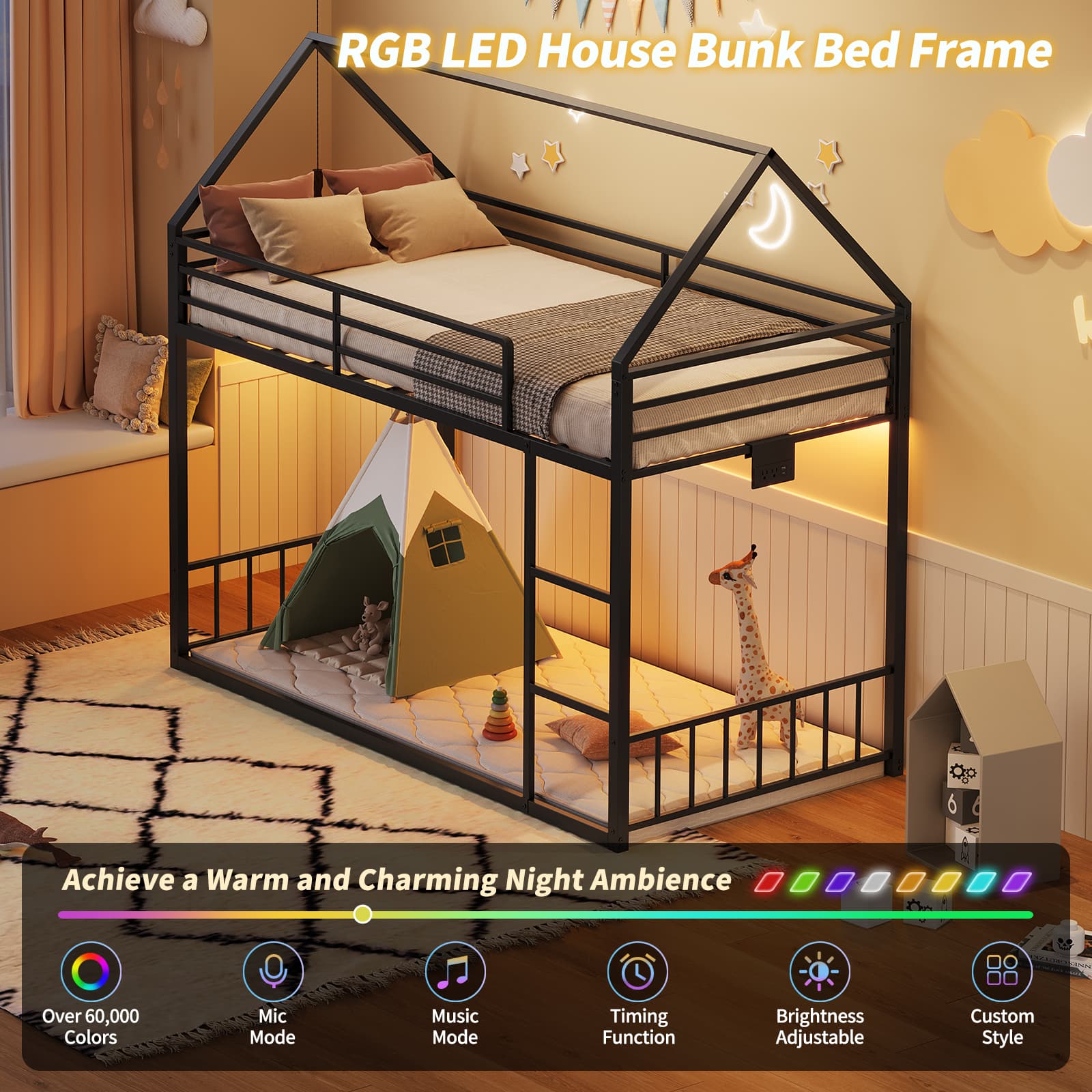 Twin Metal Bunk Bed with RGB LED, USB Charging