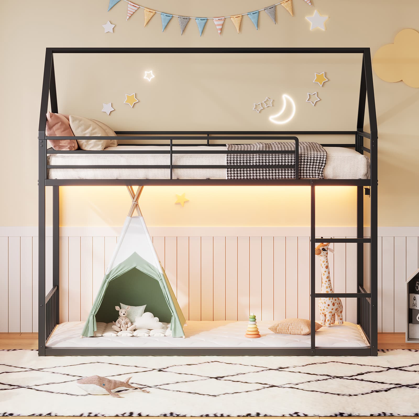 Twin Metal Bunk Bed with RGB LED, USB Charging