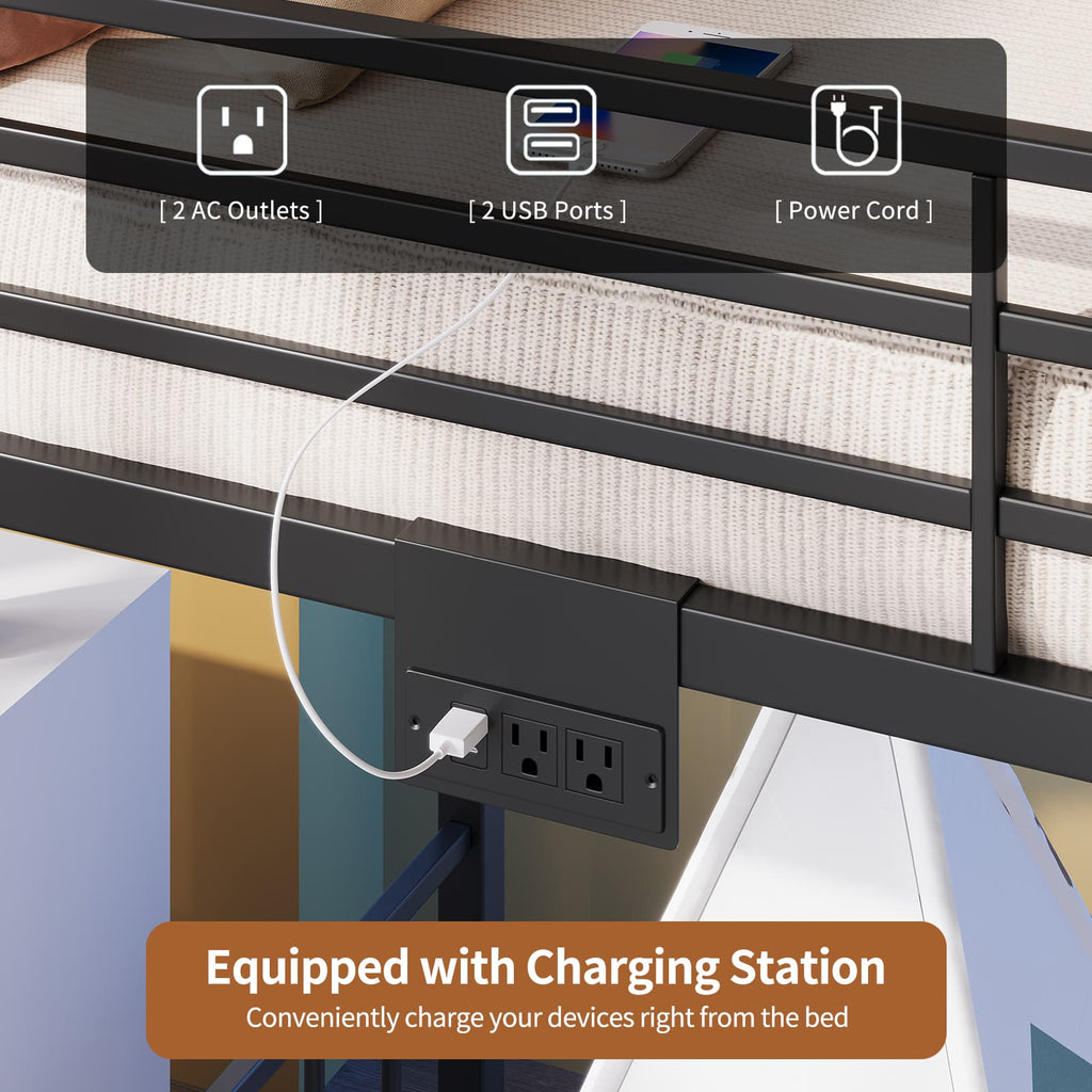 Twin Metal Bunk Bed with RGB LED, USB Charging