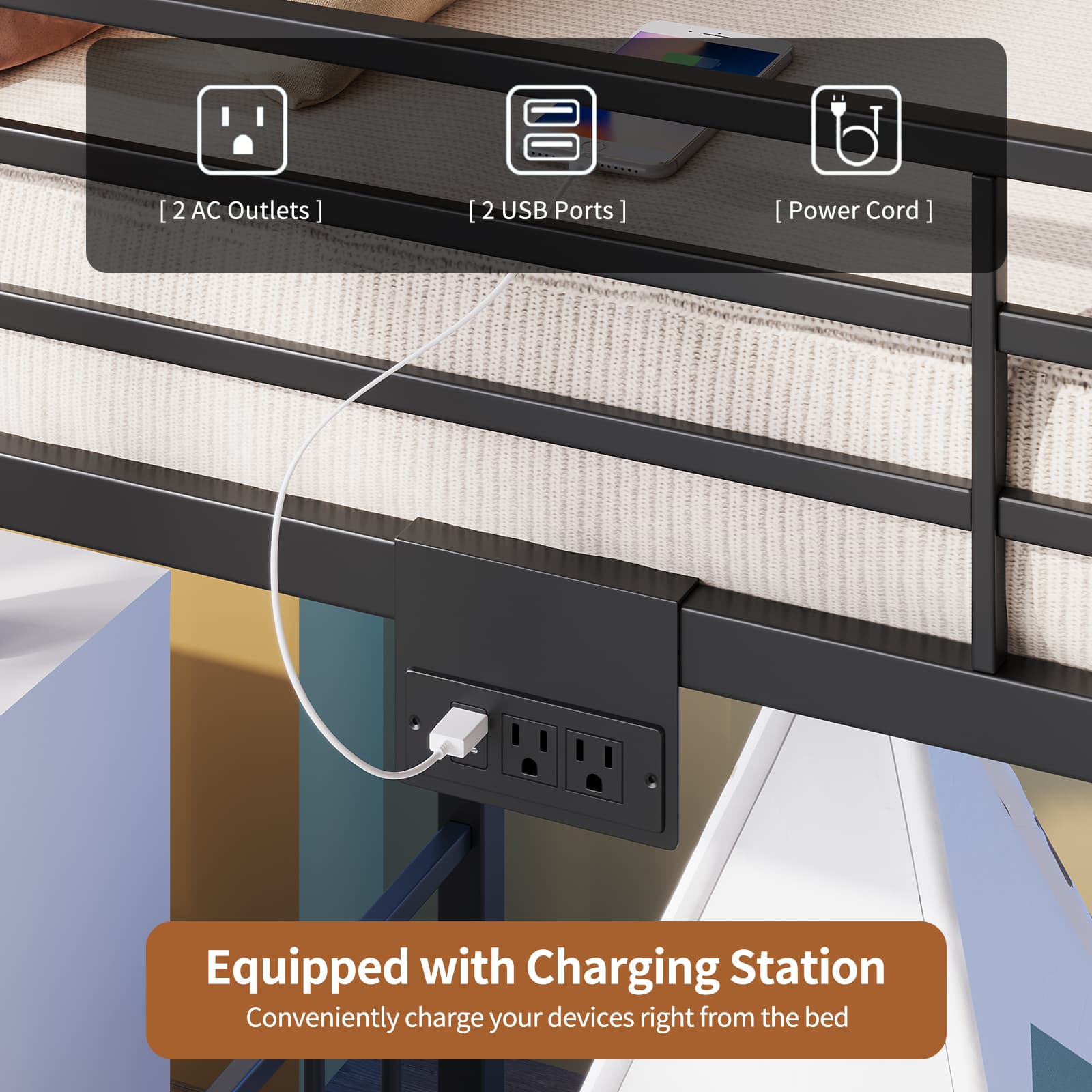 Twin Metal Bunk Bed with RGB LED, USB Charging