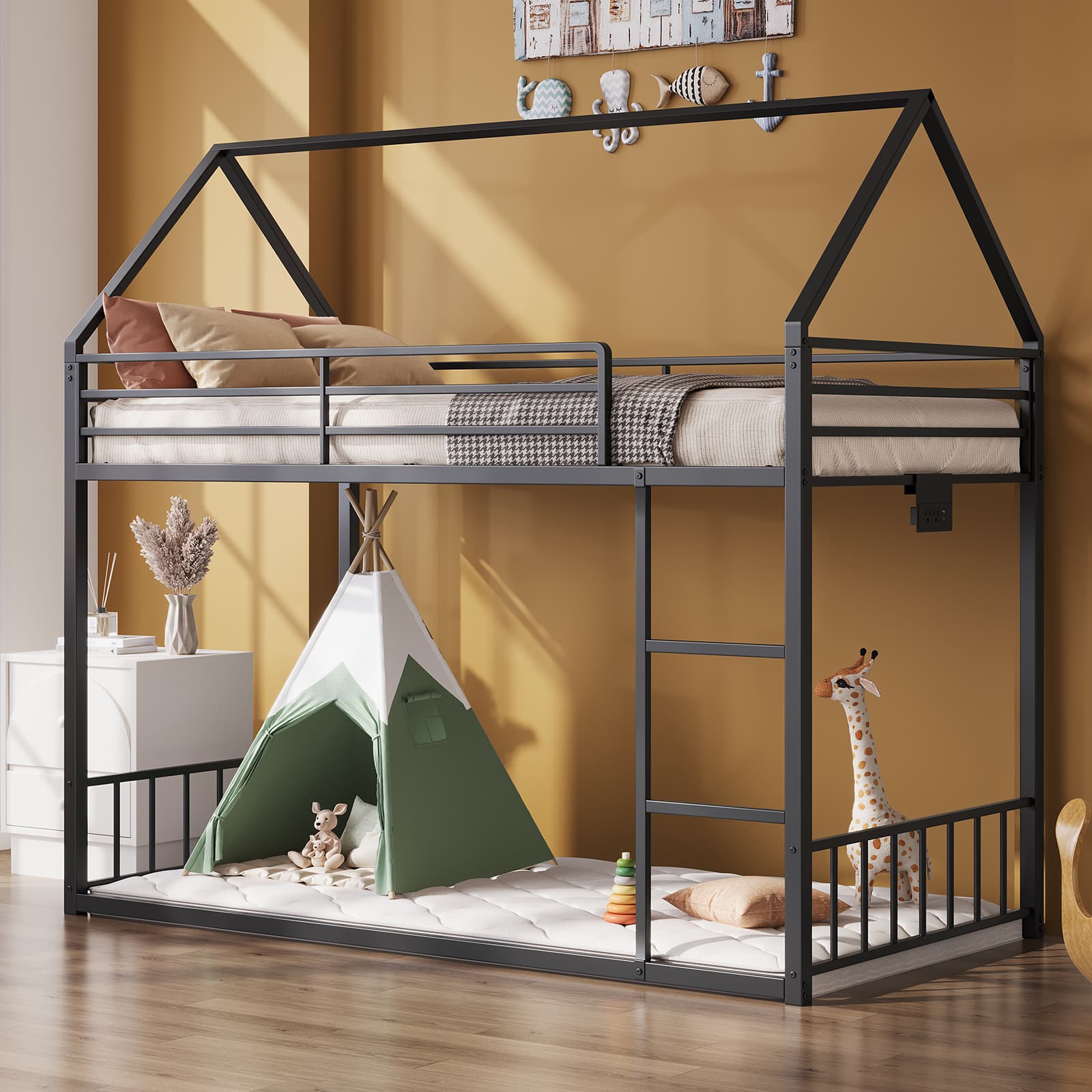 Twin Metal Bunk Bed with RGB LED, USB Charging