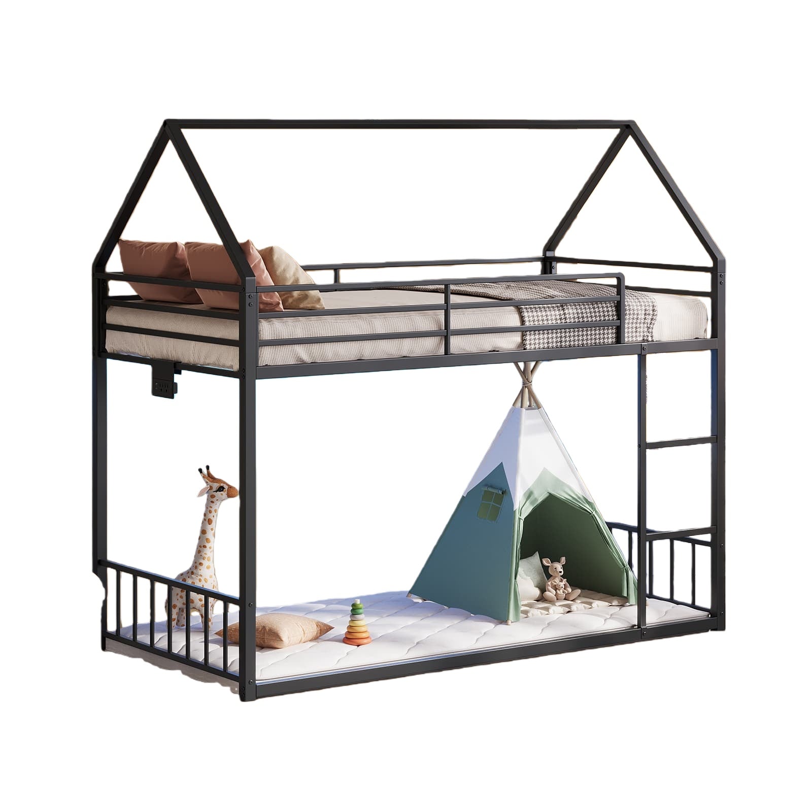 Vektaya US - BF019 - BK - T Twin Bunk Bed Frame with Charging Station & RGB LED, Easy Assembly, Storage Space, House Metal Frame with Ladder - VektayaFurnitureUS-BF019-BK-T